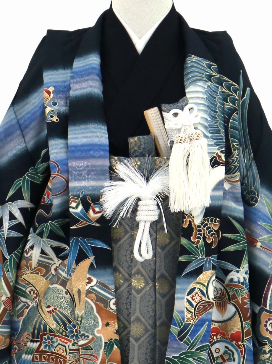 黒地に鷹と竹文、藍鼠の袴／七五三・五歳男の子・袴 | 宅配着物