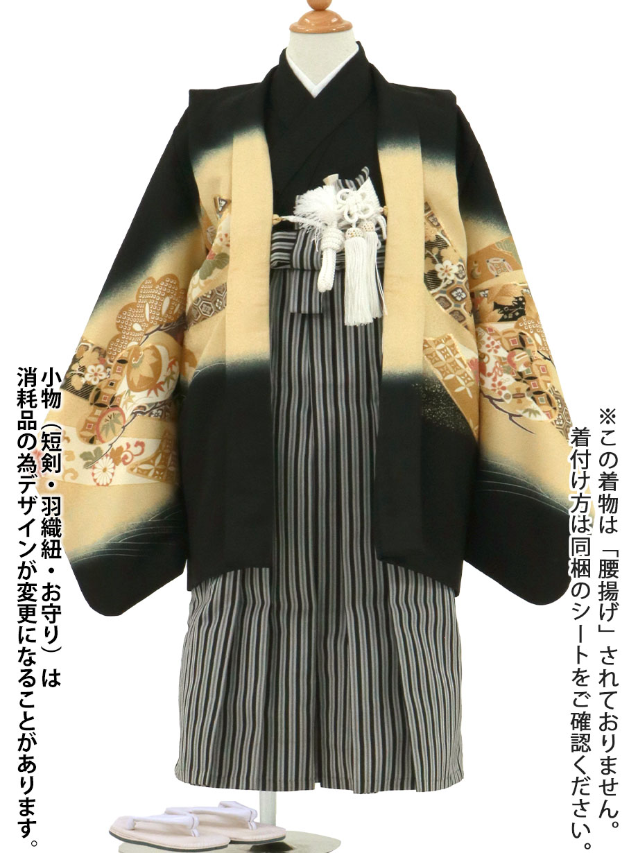 黒地に兜と金の束ね熨斗、黒縞の袴／七五三・五歳男の子・袴 | 宅配