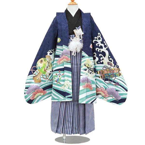 紺地に鷹と宝船、紺縞の袴2／七五三・五歳男の子・袴* | 宅配着物