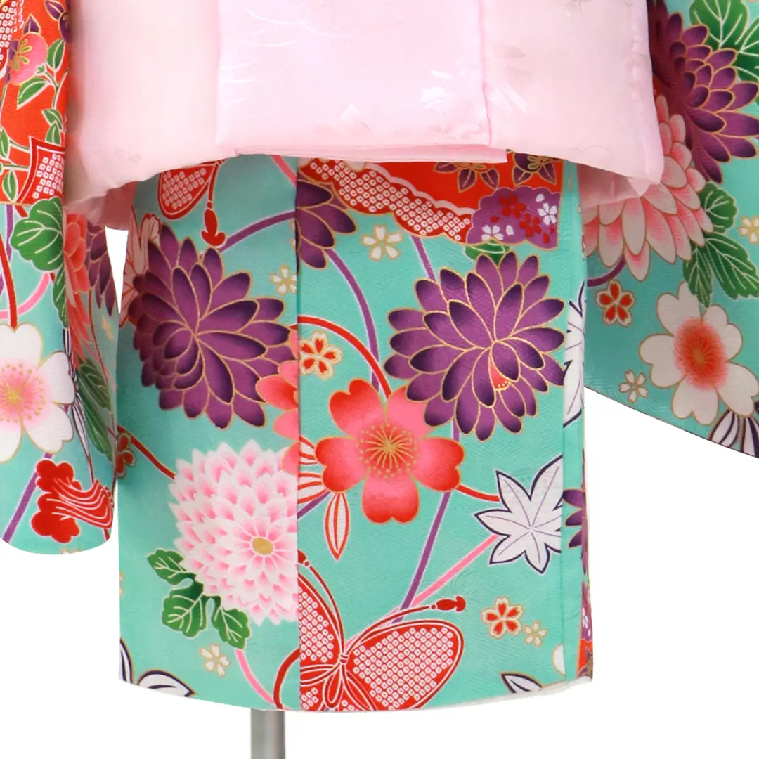 水色地に蝶や扇、ピンクの被布コートセット／七五三・三歳女の子