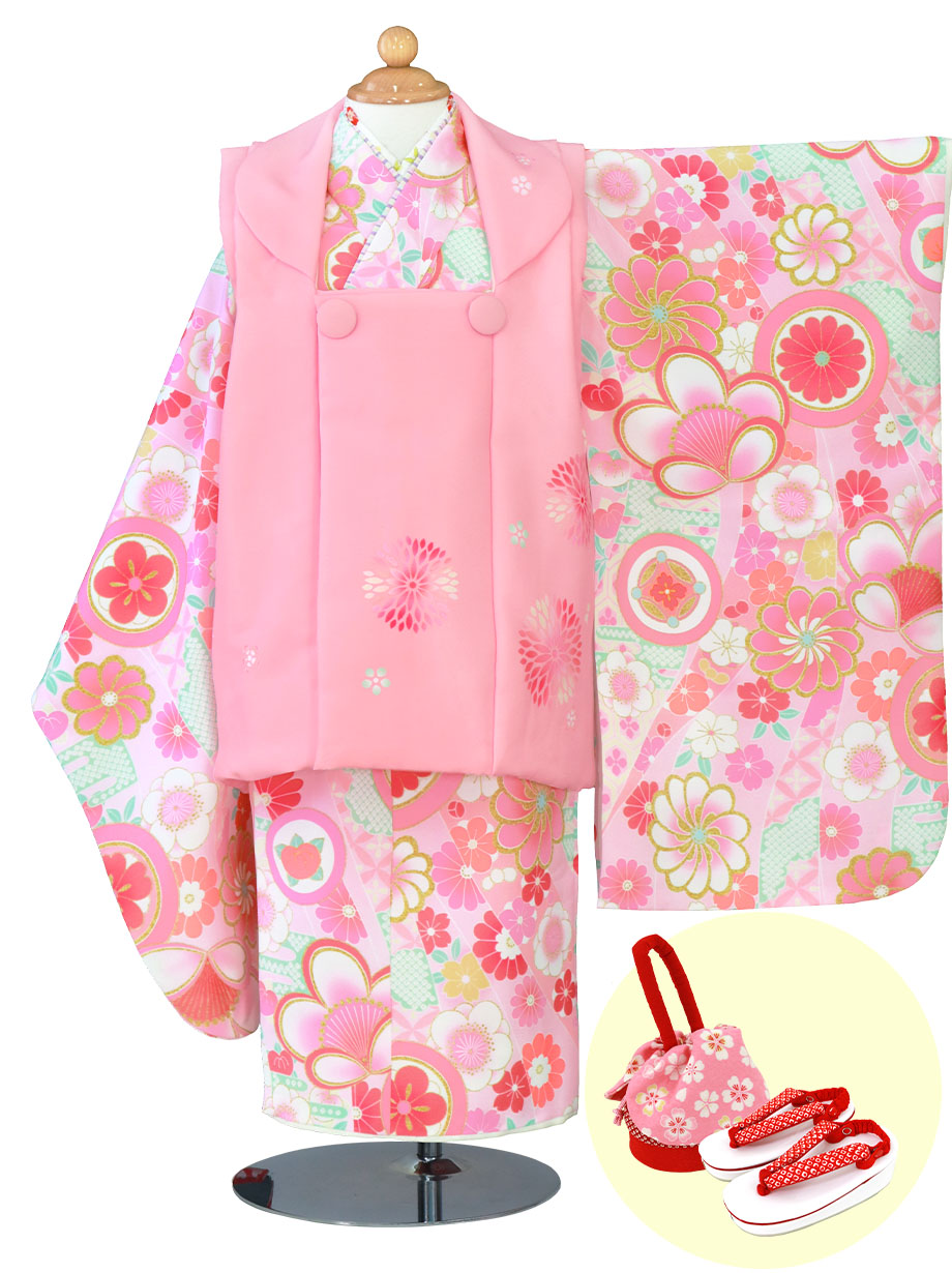 KAGURA》 ピンク地に桜とねじり菊、花紋、ピンクの被布コートセット