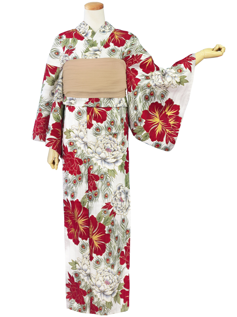 白地×牡丹と孔雀／レディース浴衣 | 宅配着物レンタルの京都かしきもの