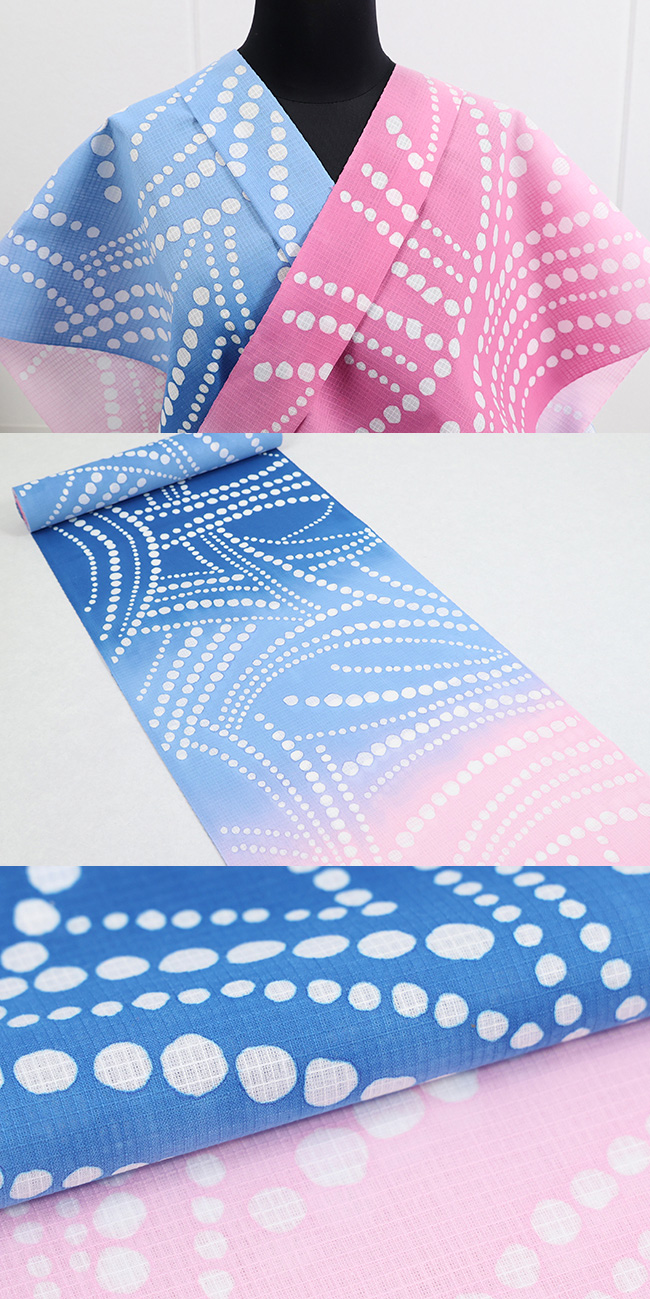 源氏物語 浴衣(ゆかた) 紅梅 水玉 青×ピンク ◇女性にオススメ◇