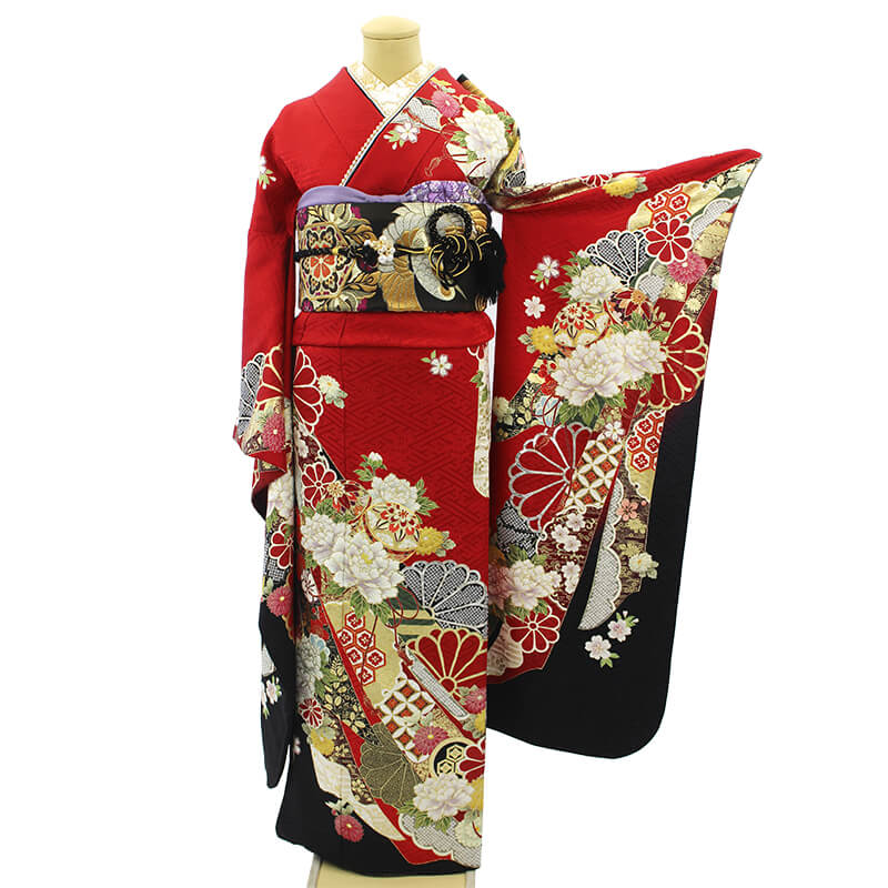 振袖レンタル｜成人式｜振袖 赤 黒 牡丹｜7010-00049｜着物レンタル