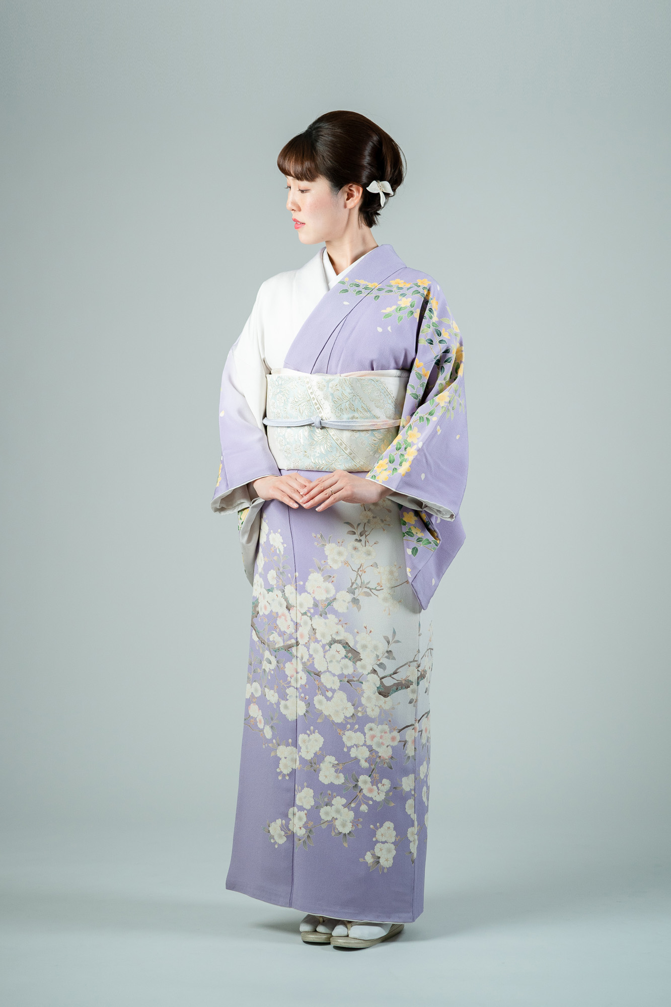 十日町友禅の訪問着レンタル】藤色で桜柄・幅広LOサイズ・品番：h