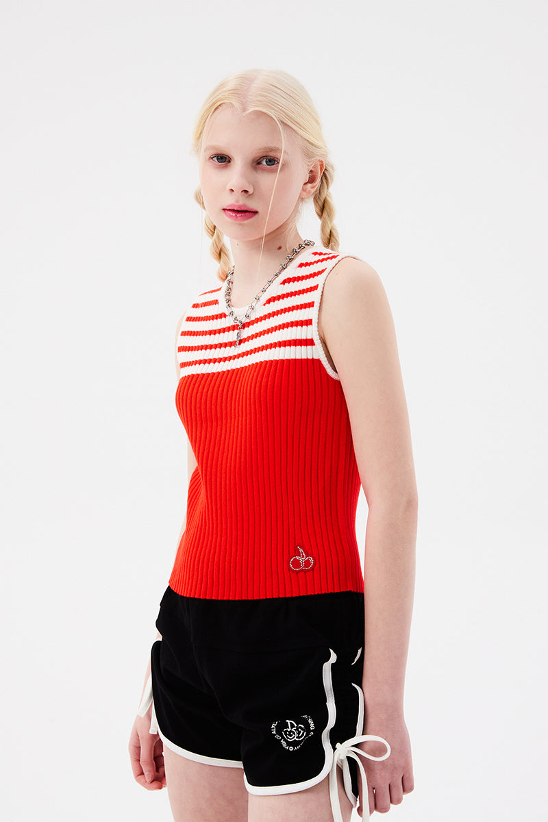 スモールチェリーストライプニットベスト【レッド】