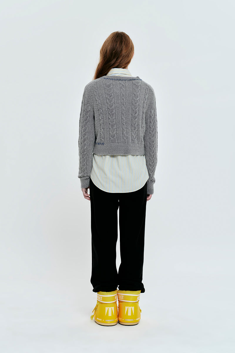 チェリーVネッククロップケーブルニット【メランジグレー】