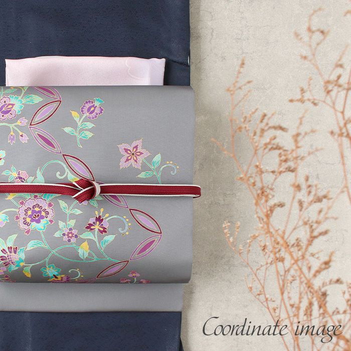 塩瀬 名古屋帯 帯 九寸 正絹 仕立て上がり ＜ グレー / 唐花 ＞ 日本製