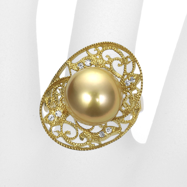 オーロラ茶金 K18 南洋ゴールドパール リング（11.7ミリ D0.08ct・無