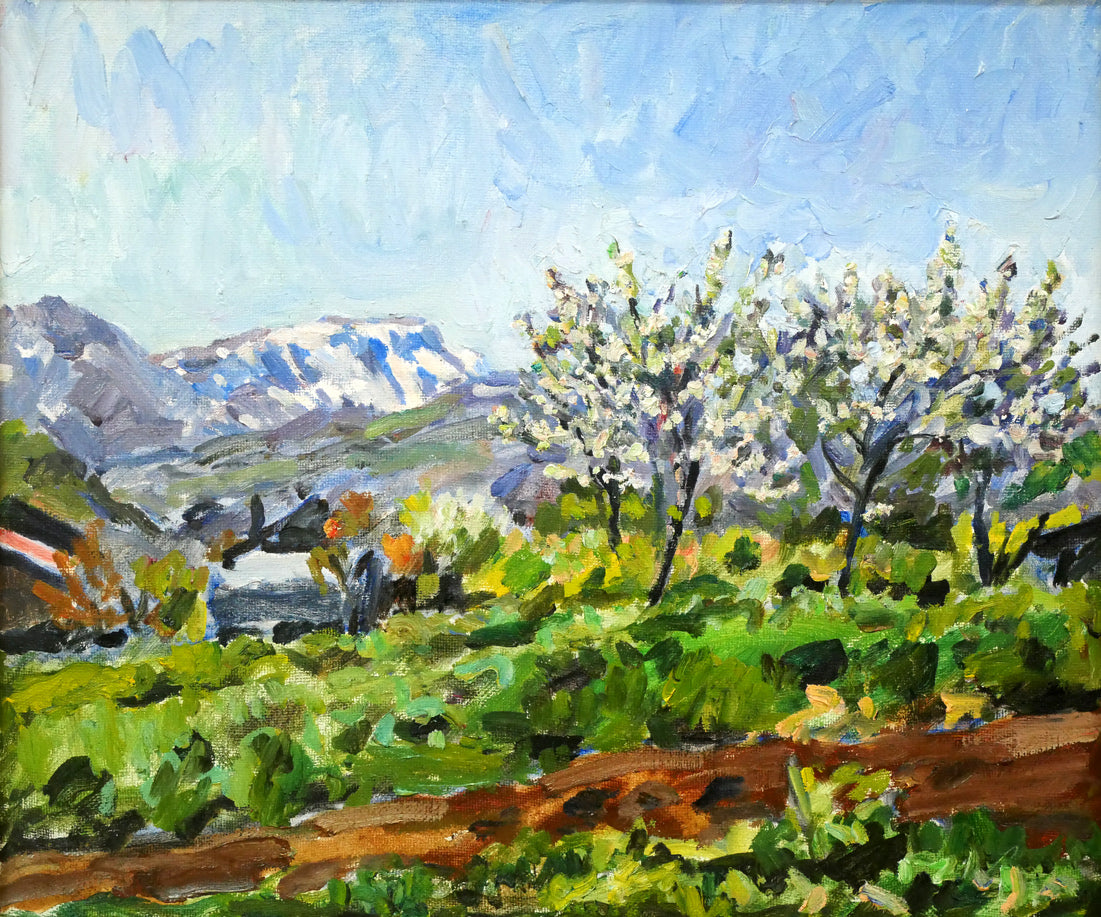 富樫正雄「花咲く早春の手稲山ろく（札幌）」油絵・F8号 絵画買取