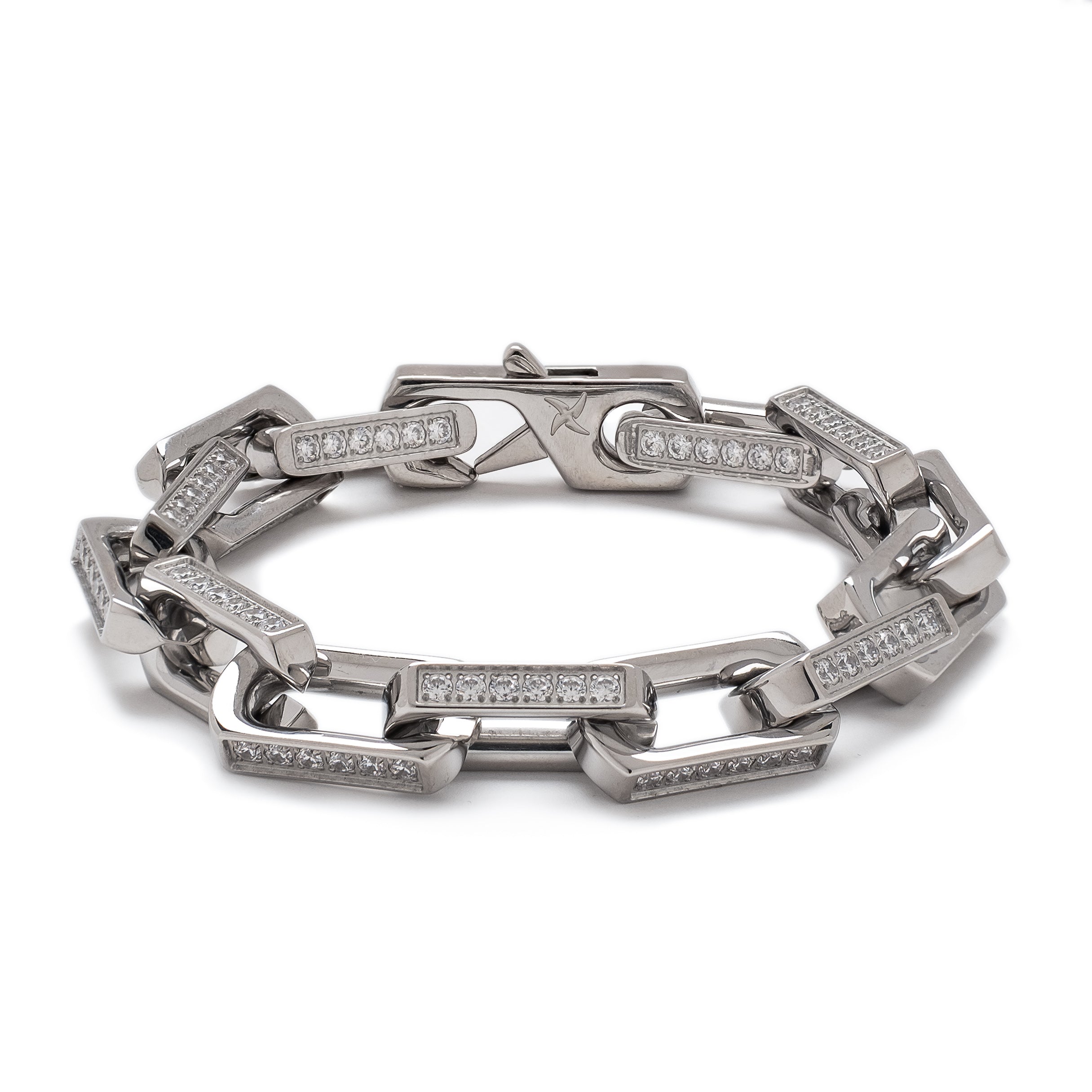 9mm Iced Rectangular Cable Link Bracelet (18K White Gold/Stainless