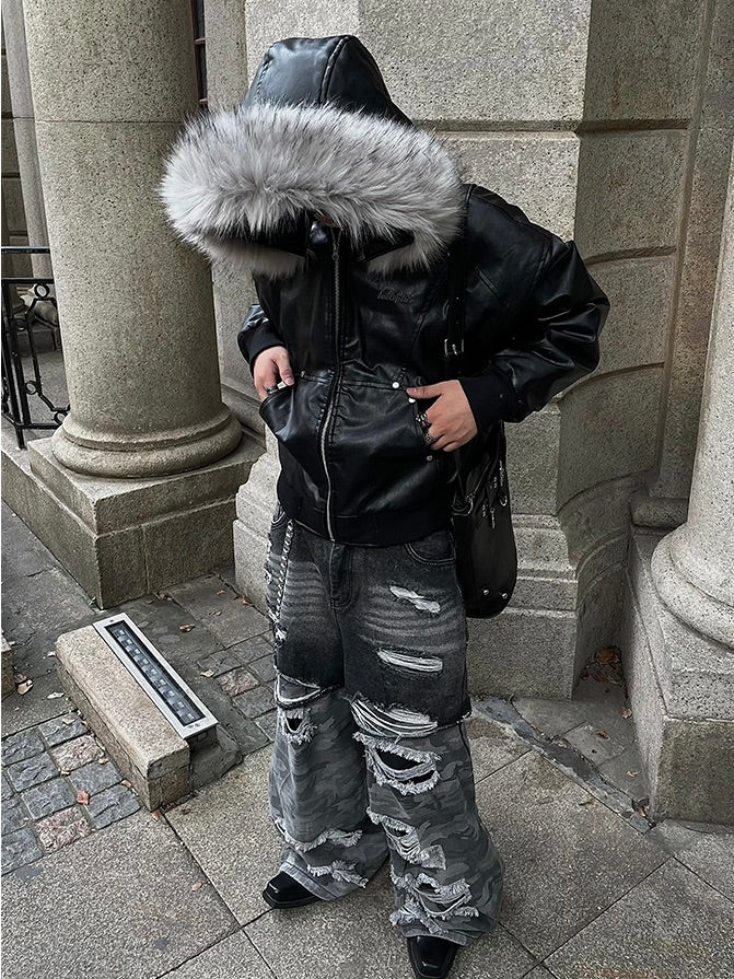 ラージファーカラー フード付き PUレザージャケット – KXCK（キックス