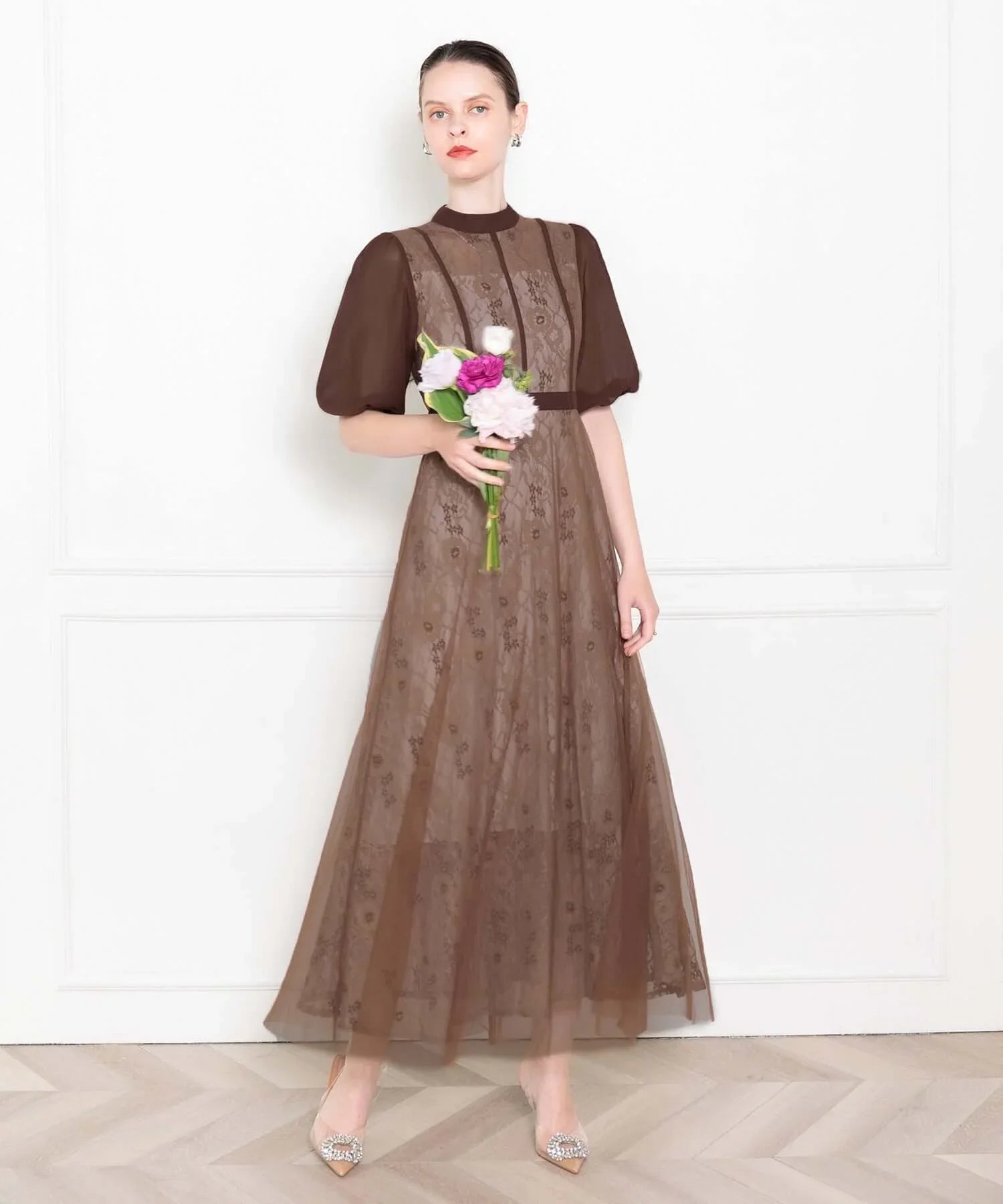 当日発送】ハイウエストチュールレースAラインドレス/パーティードレス