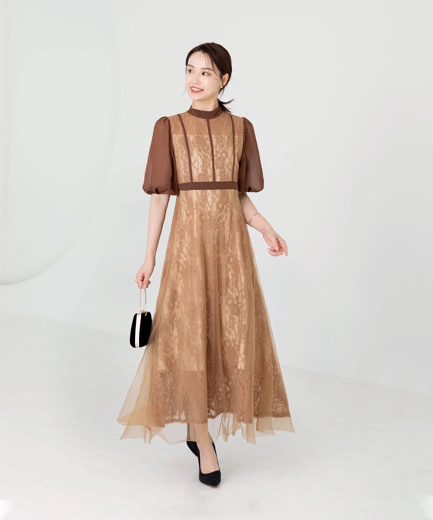 当日発送】ハイウエストチュールレースAラインドレス/パーティードレス