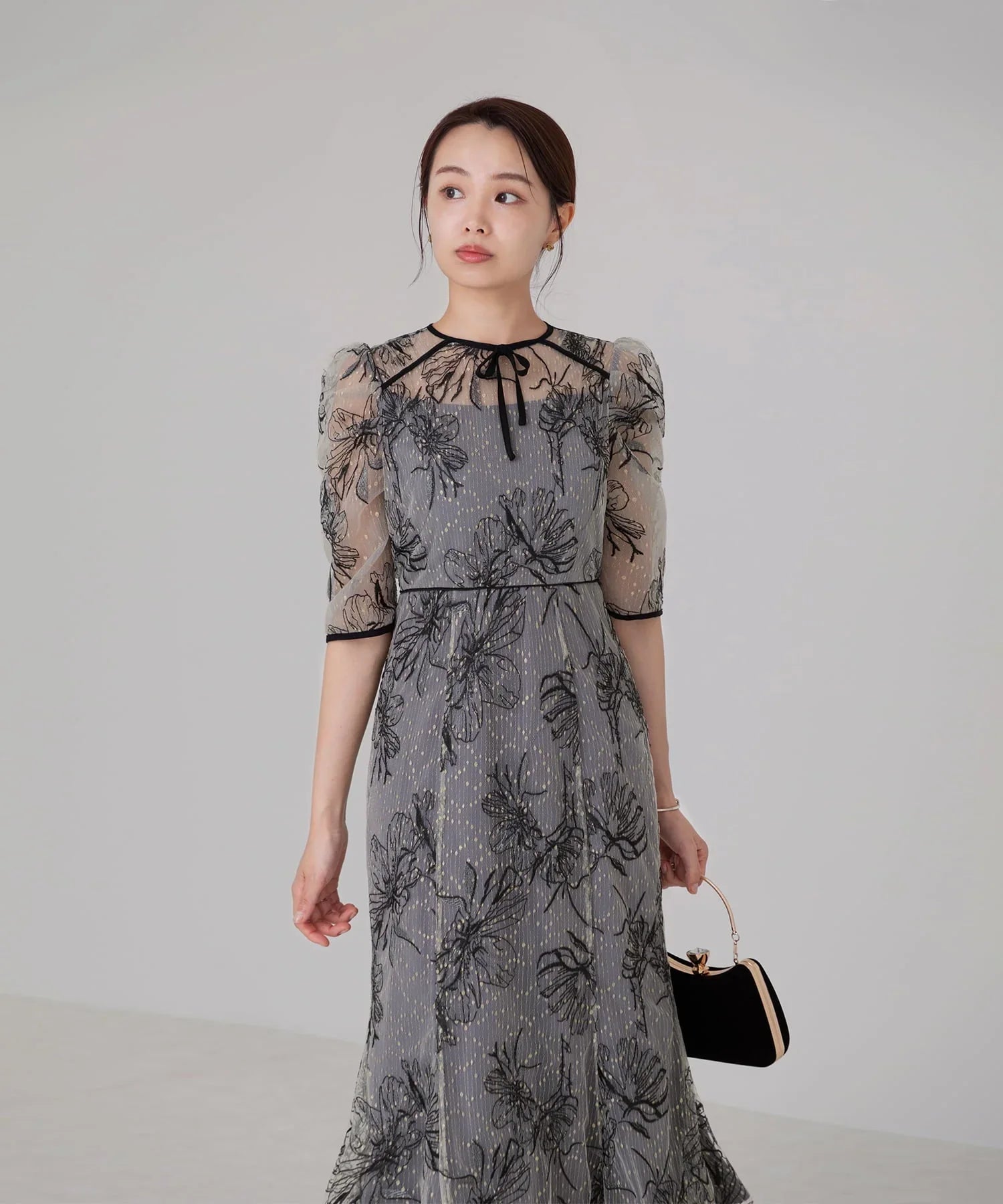 当日発送】花柄リボンパフスリーブマーメイドドレス/パーティードレス