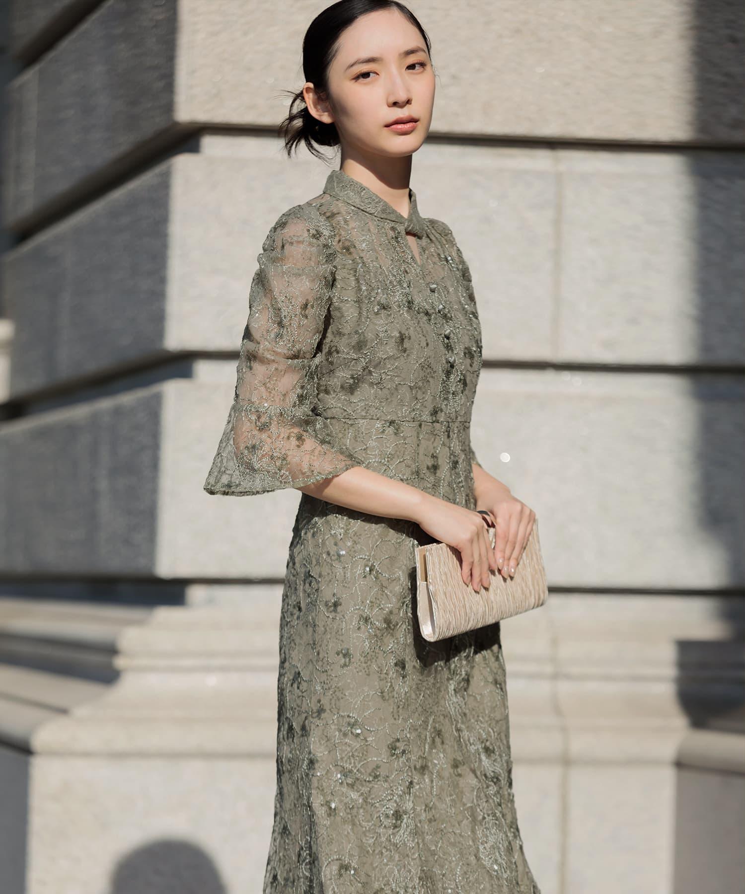 当日発送】スパンコール花柄パフスリーブマーメイドドレスパーティー