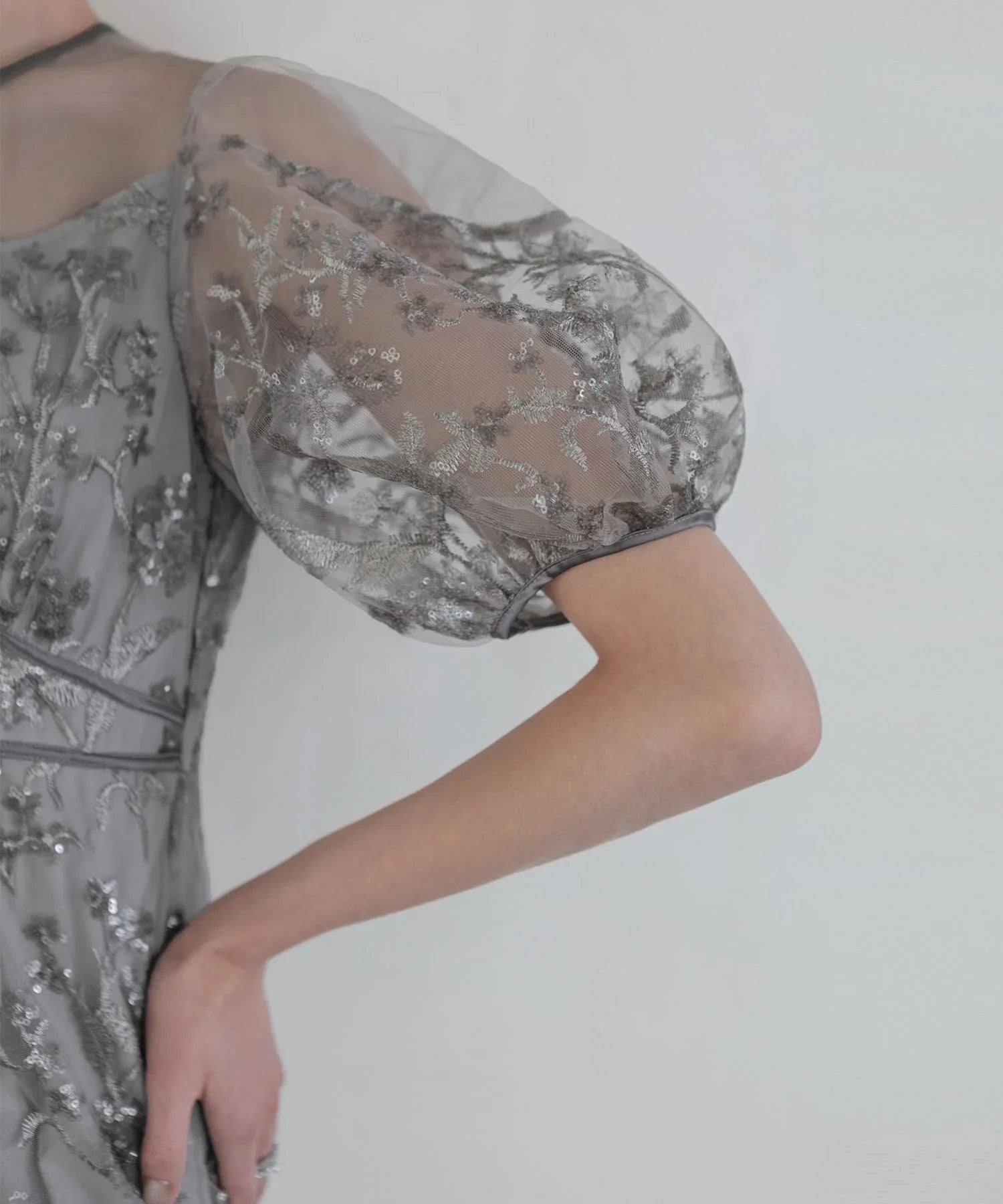 当日発送】フラワーディテールパフスリーブIラインワンピース結婚式ドレス