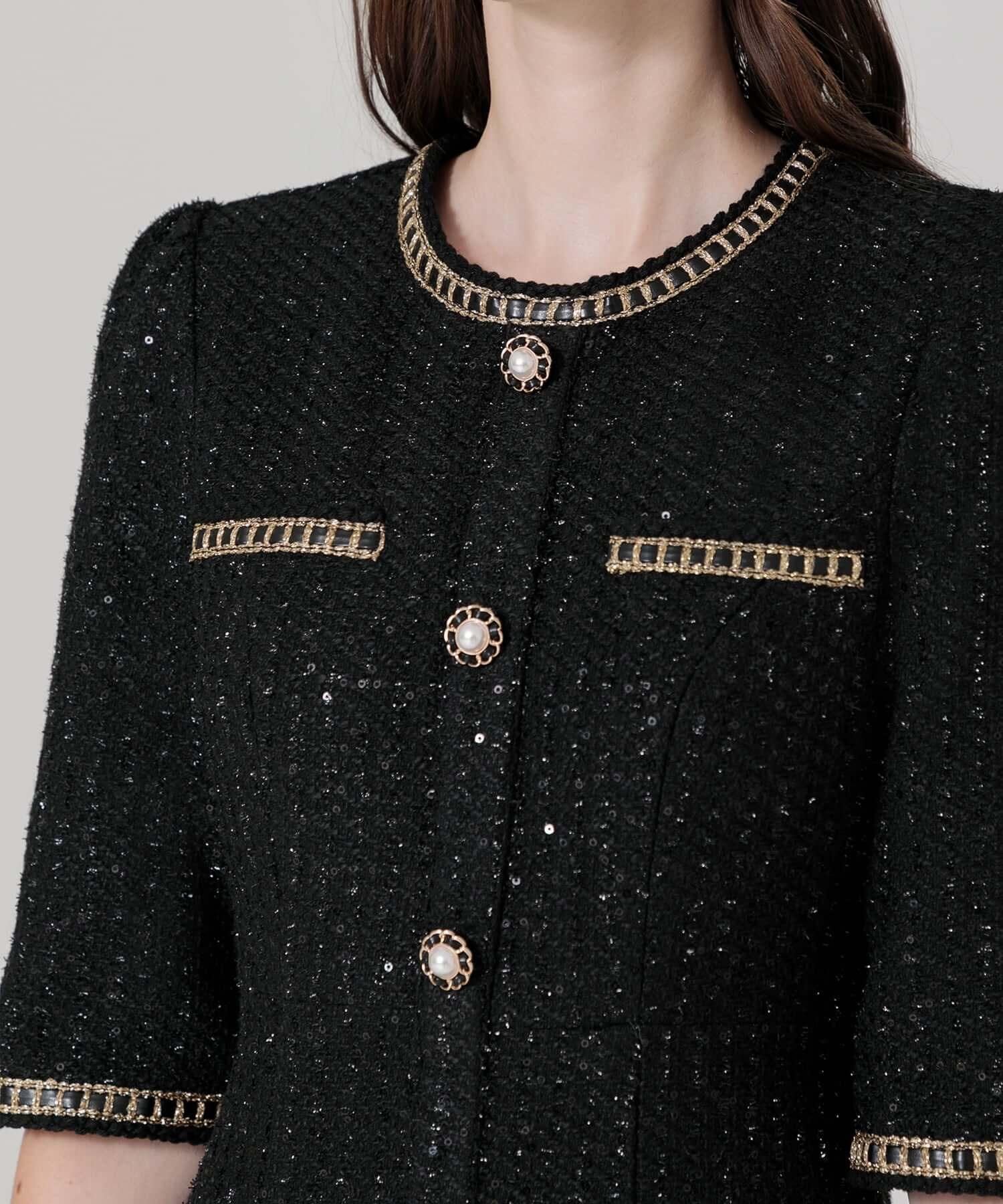 当日発送】ラメツイードレザーパイピングパールマーメイドワンピース