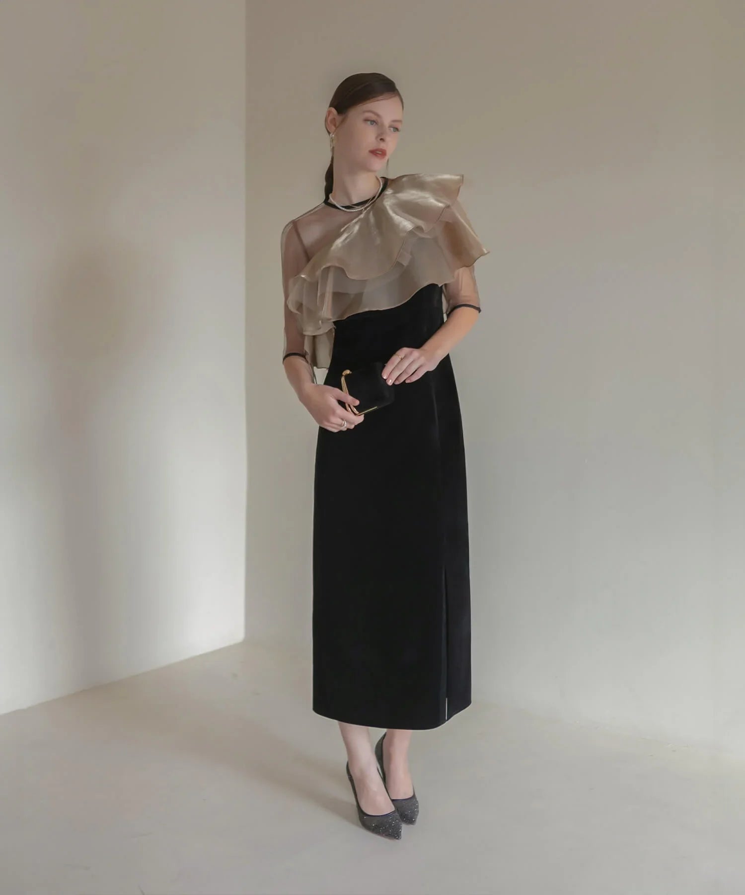 当日発送】アシンメトリーティアードフリル3WAYベロアワンピース結婚式