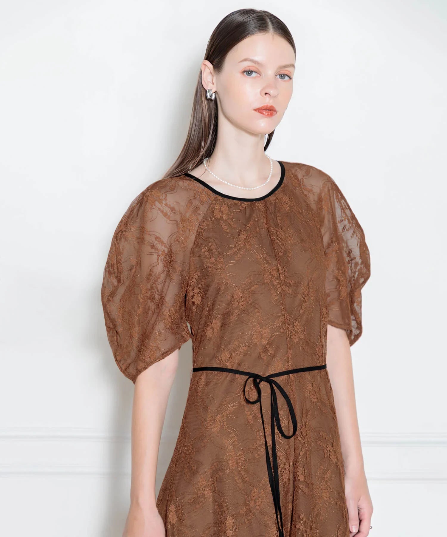 当日発送】パフスリーブウエストリボンレースワンピース/パーティー