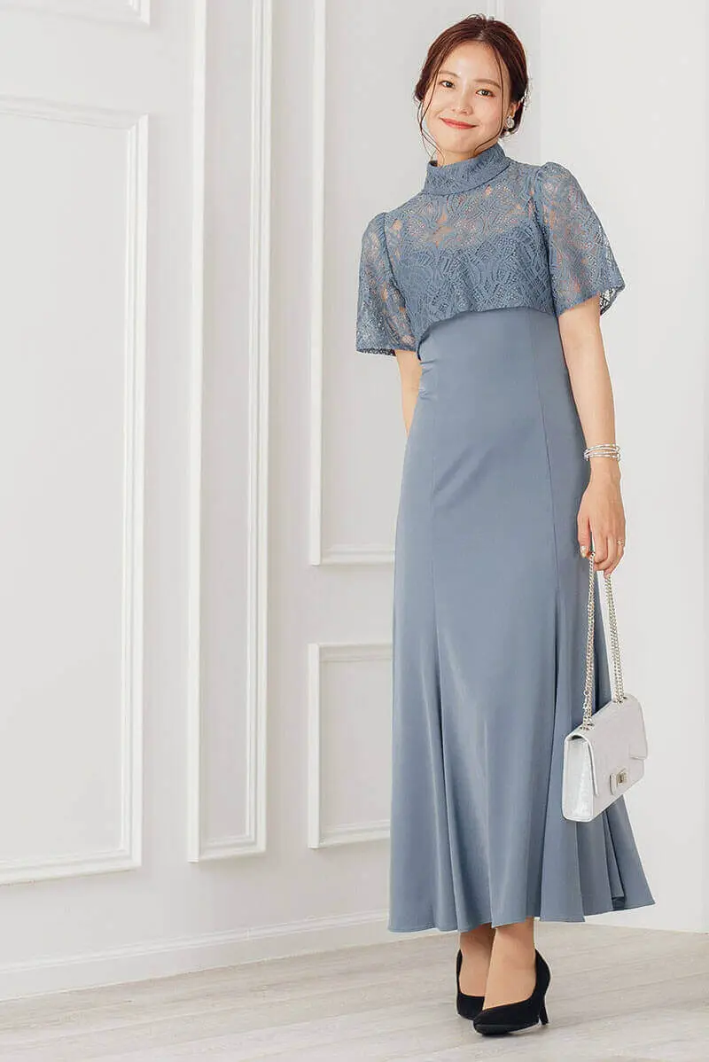 ブルーグレーのレースボレロ付きマーメイドドレス | Dorrydoll | M