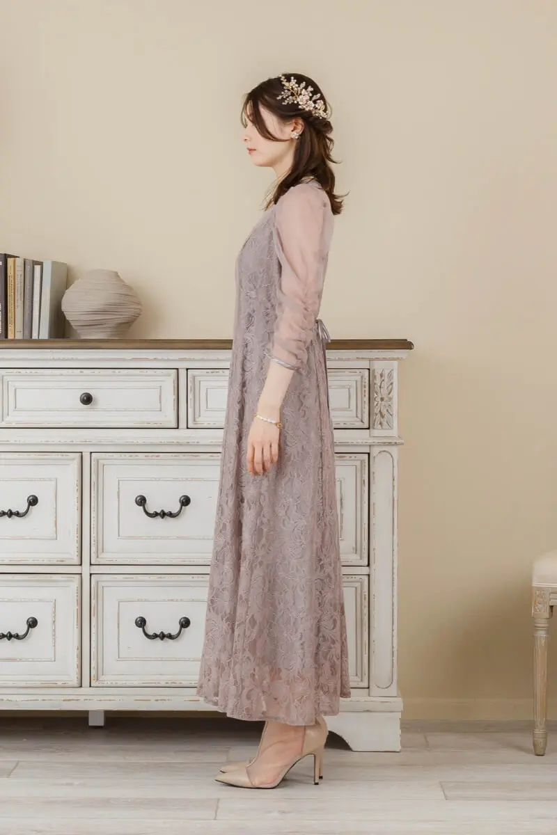 グレージュのギャザースリーブレースドレス | Dorry doll | M | 結婚式