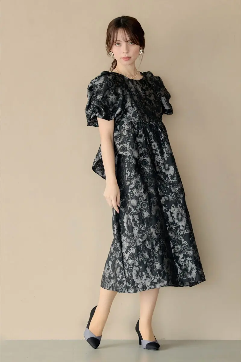 グレーのバブルスリーブジャガードドレス | ANDRESD | L～マタニティ