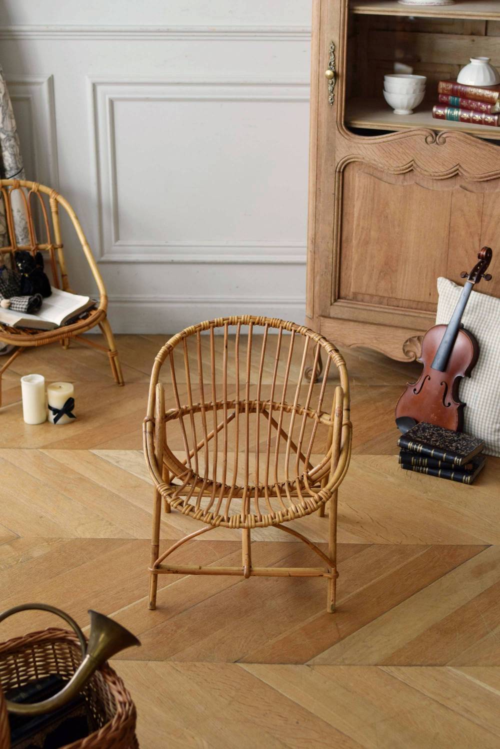 フランスアンティーク籐ラタンチェア/1人掛けソファ/竹バンブーイス90