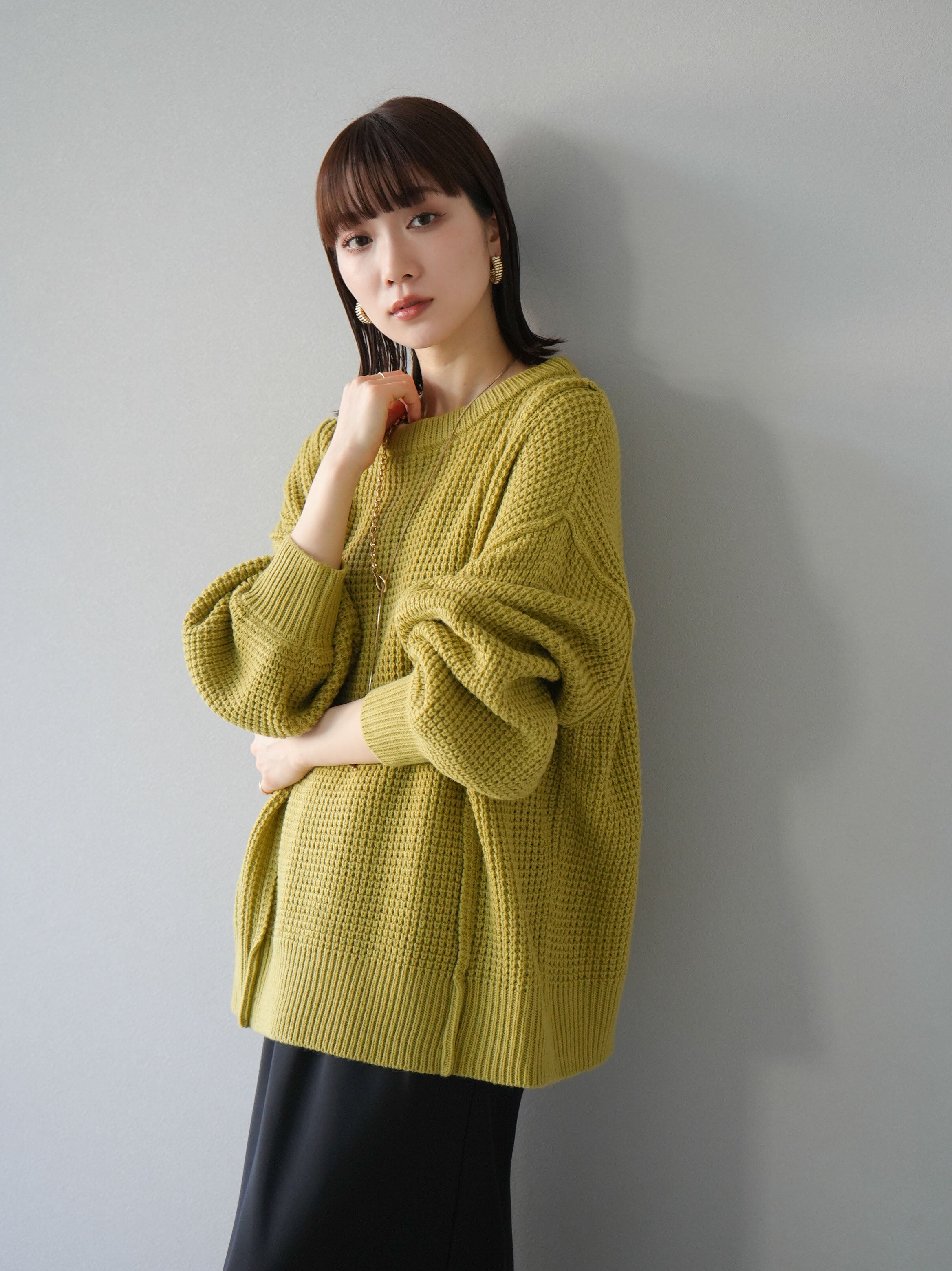 予約]ワッフル編みクルーネックニットプルオーバー/ライム – Lumier