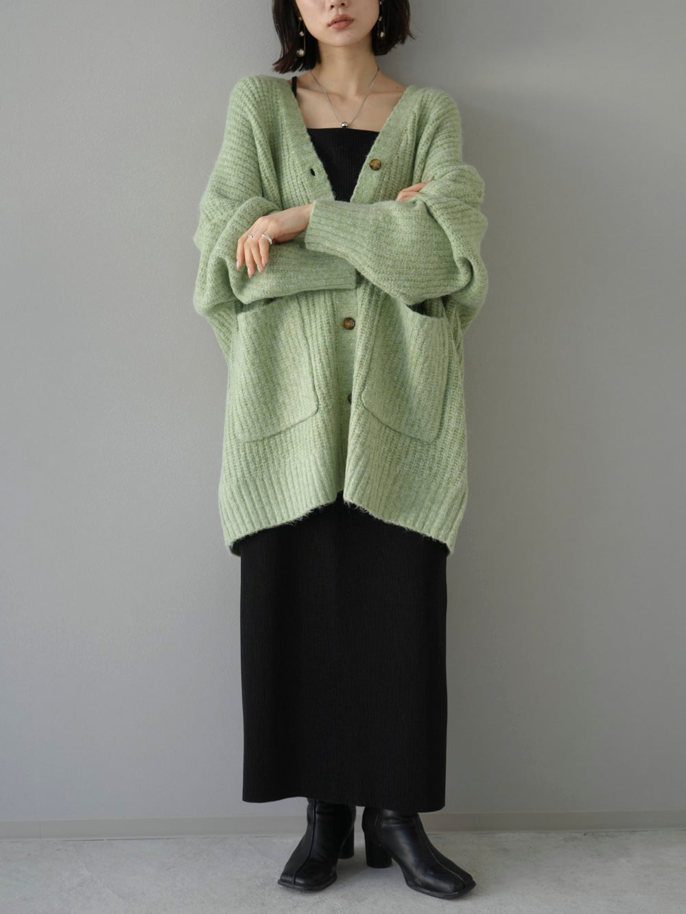 予約]メランジオーバーニットカーディガン/グリーン – Lumier