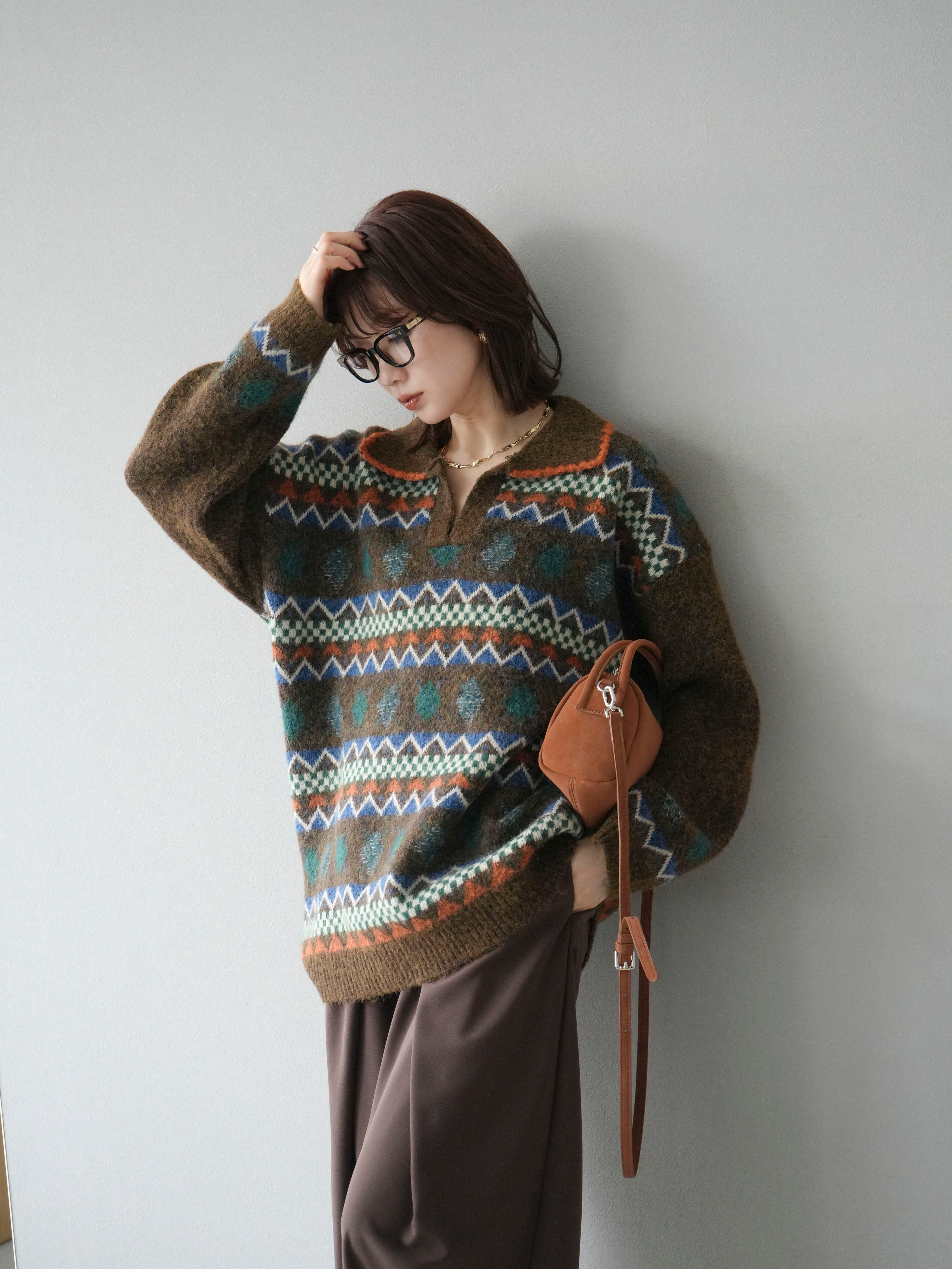 予約]ノルディック柄ポロニットプルオーバー/ブラウン – Lumier