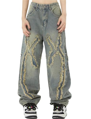 Aelfric Eden Mens Jeans Ripped Patchwork Fringe Denim Pants Wide