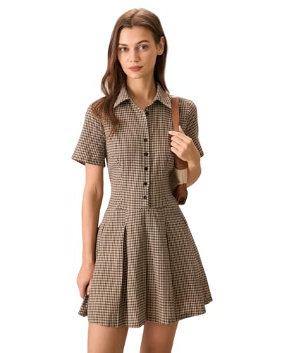 Women's Short Sleeves Brown Buttom Up Plaid Lapel Pleated Work