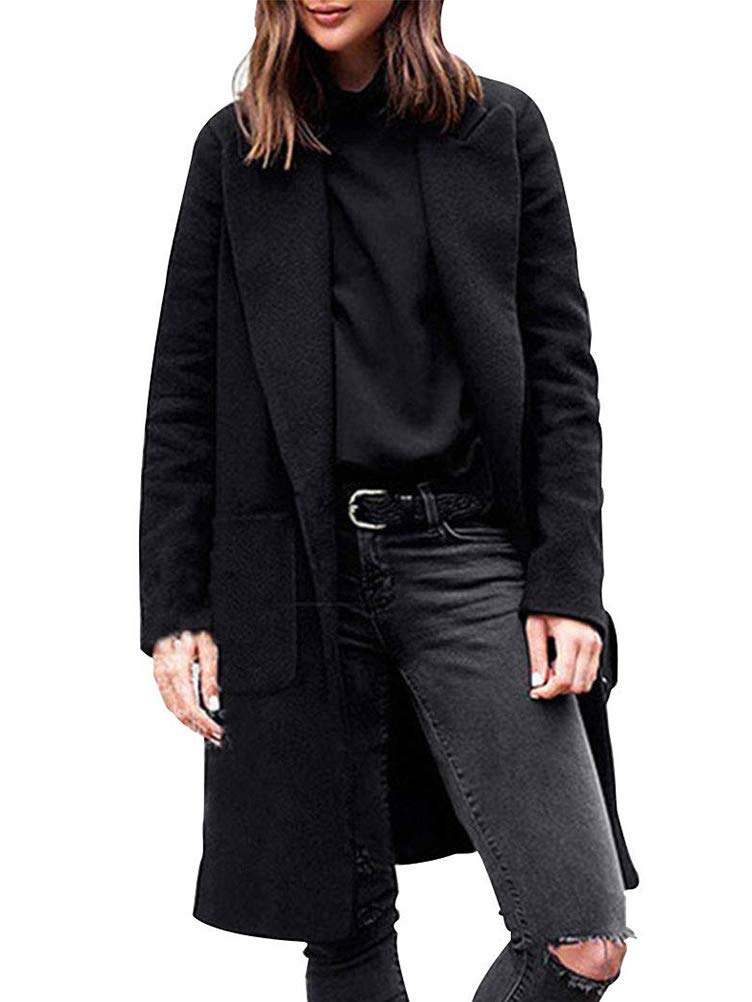 Romose Women's Wool Coat Winter Long Coat Checked Pockets Turn