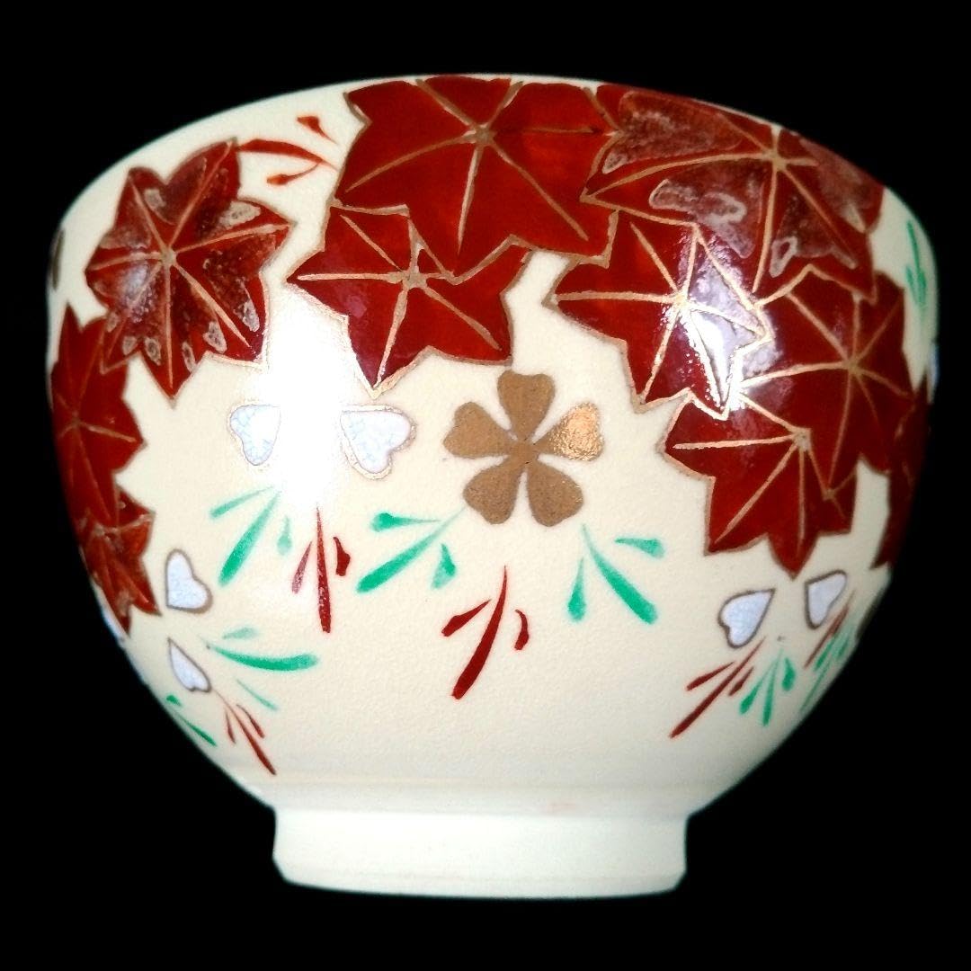 京焼 抹茶碗 茶道具 金彩 花の図 共箱 仕覆 巾着付⑤ 【公式通販】