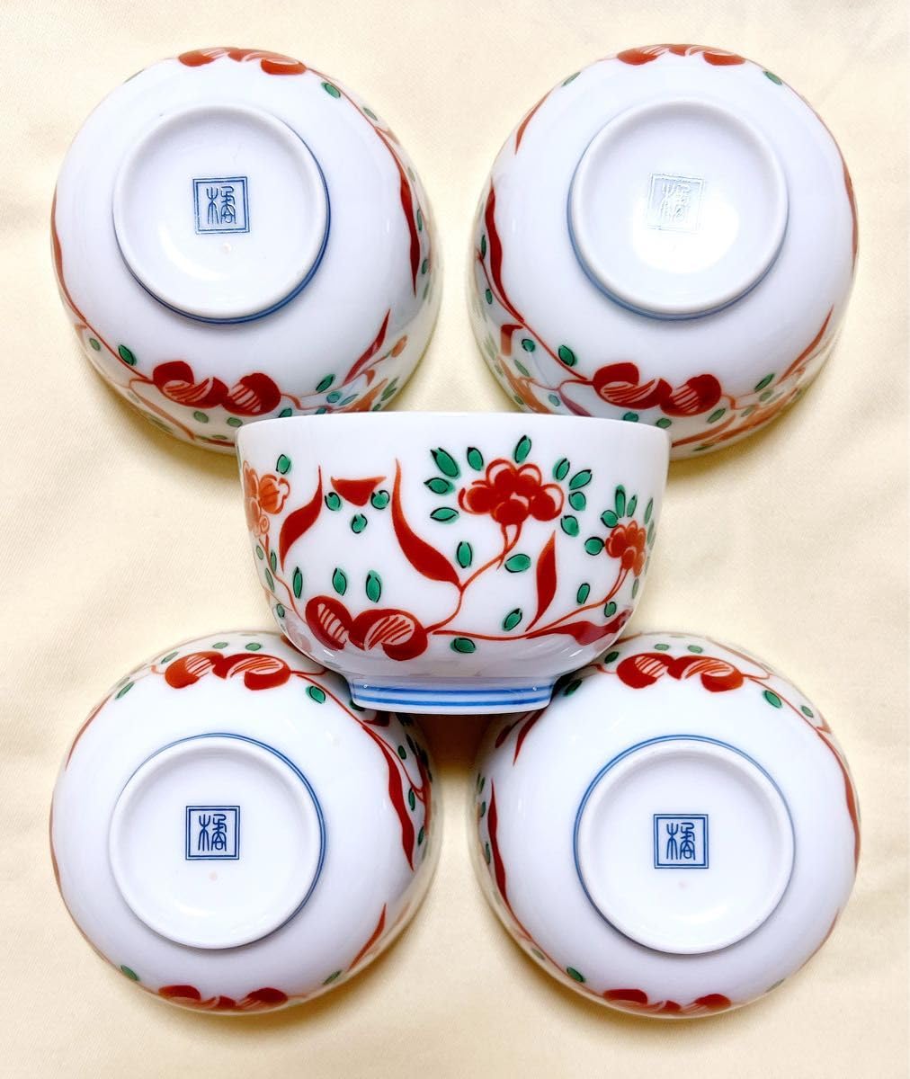 Amazon.co.jp: 和食器 たち吉橘吉 赤絵花柄 湯呑5客 茶器 : ホーム