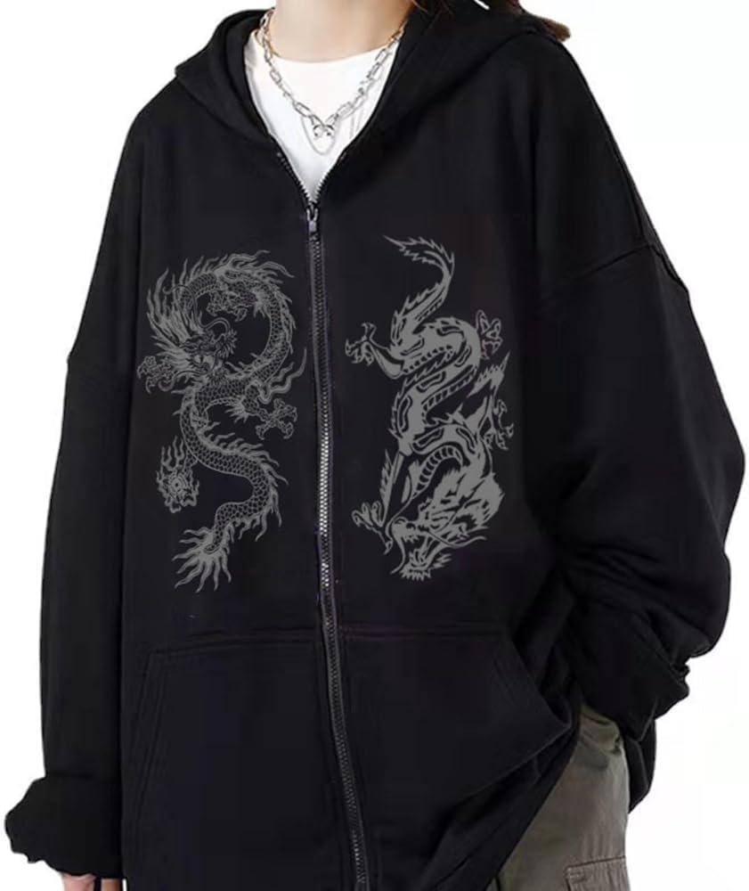 Aobiono Women Men Y2K Zip Up Oversized Hoodie Gothic Dragon