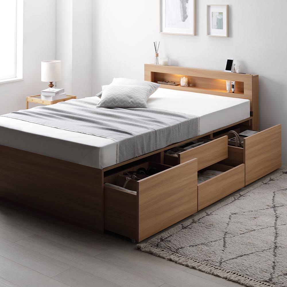 Amazon｜RASIK ベッド 通常丈ダブル フレームのみ ナチュラル 照明付き