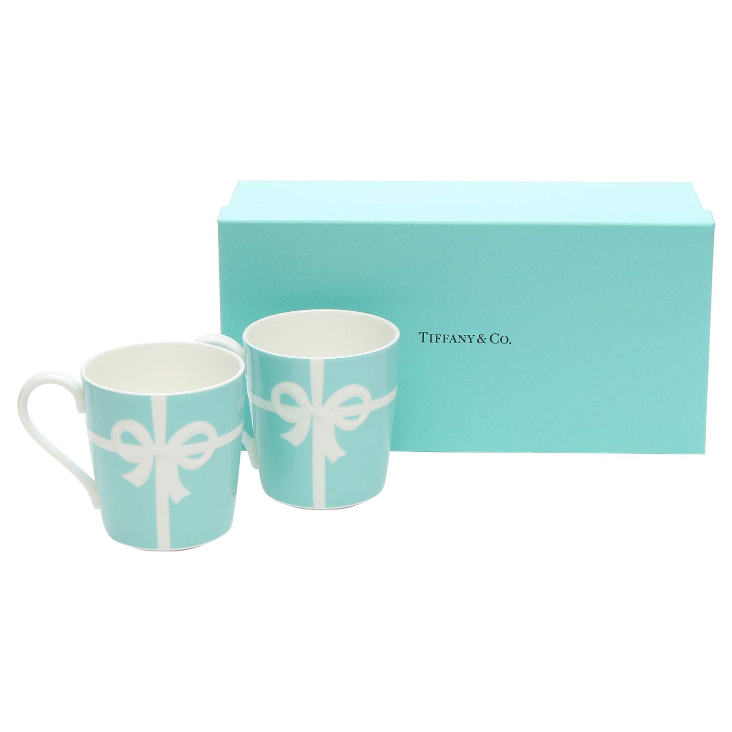 TIFFANY & Co Pottery Coffee Mug Cup Blue Ribbon Box 2Cups Set Bone