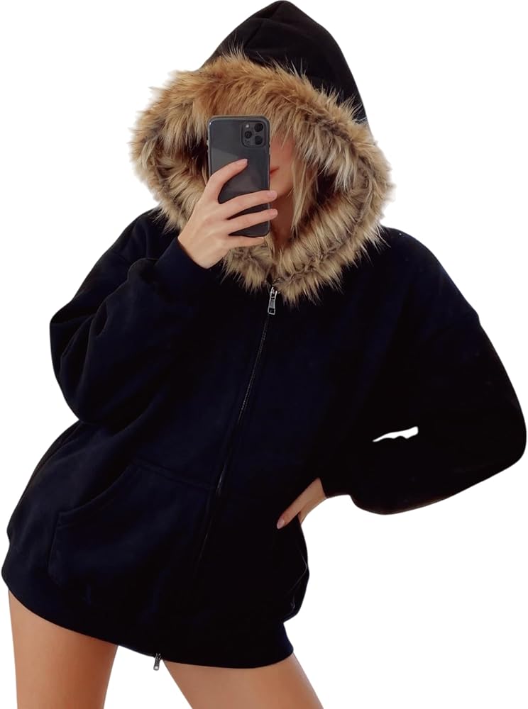 HOHOPEACH Y2k Zip Up Hoodie Fur Jackets Winter Coats Teen Emo