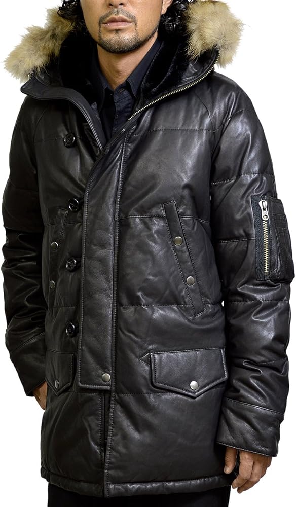 Amazon | [ハルフ] レザーダウンコート メンズ 本革 N3B ミリタリー