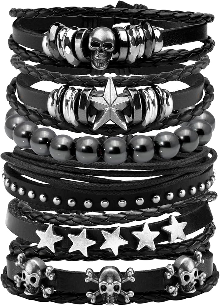 Amazon.com: JAZTAKU Black Gothic Punk Skull Star Leather Bracelet