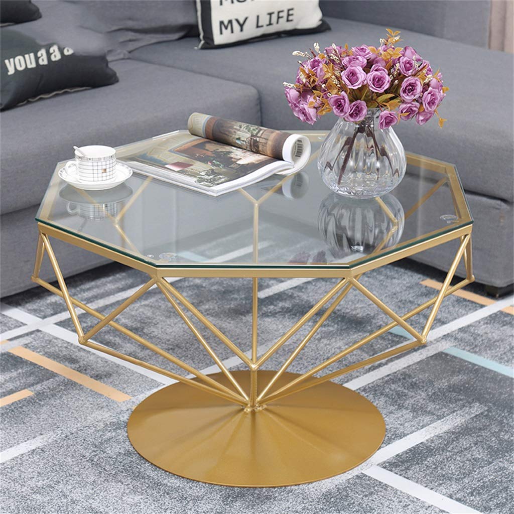 八角形の錬鉄製のコーヒーテーブル、透明な強化ガラス、家庭用リビング