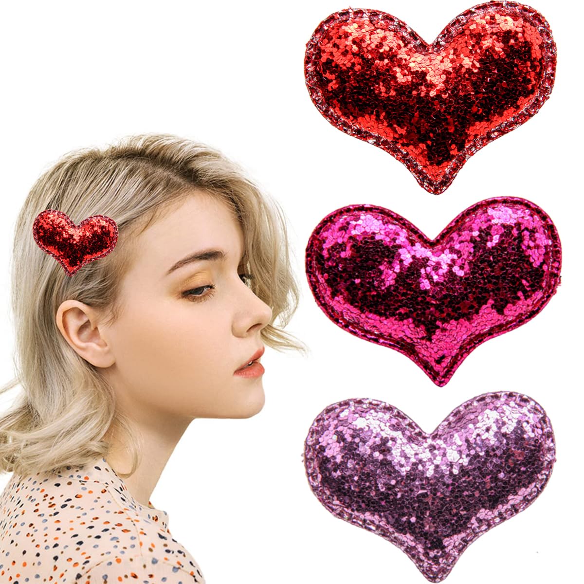 Amazon.com : 3Colors Valentine Heart Hair Clips Glitter Sequin