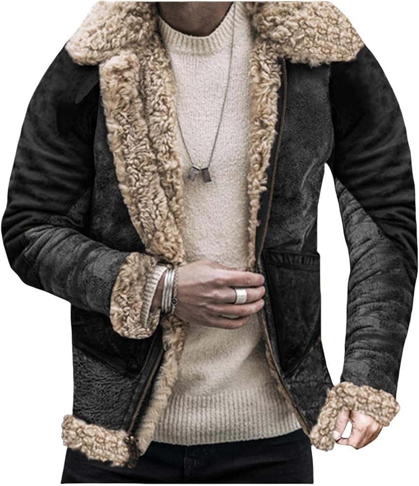 CHXLQQX Mens Sherpa Lined Leather Jacket Suede Exterior Faux Fur