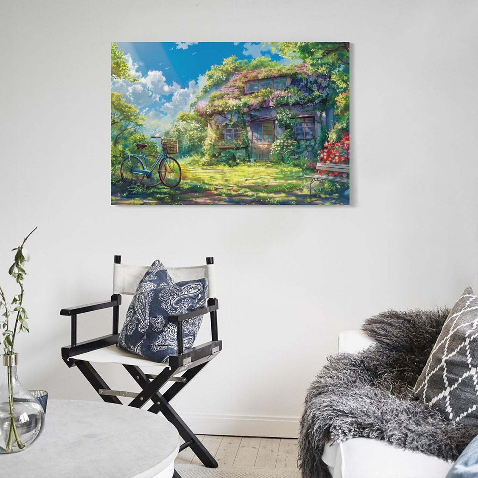 Amazon.co.jp: 絵画 花と緑の芝生に囲まれた家インテリア 絵画 のどか