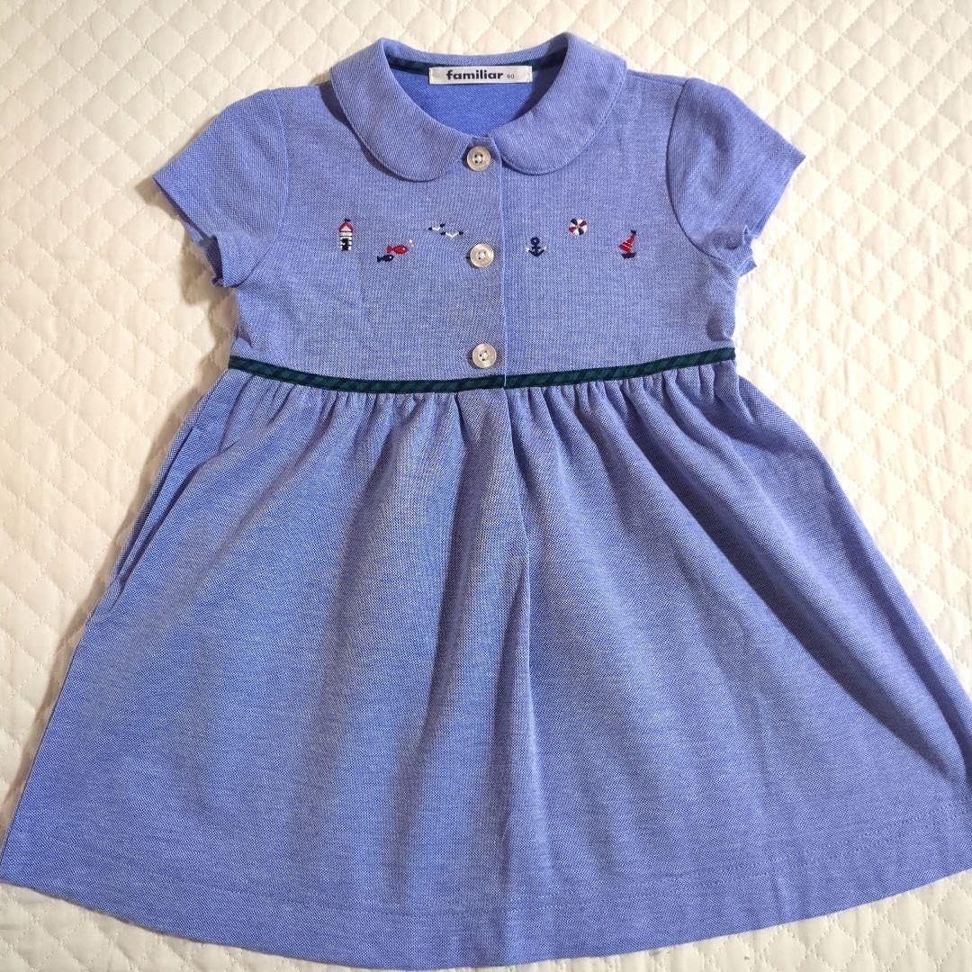 ファミリア 青と白のチェック柄ワンピースとジャケットセット 150