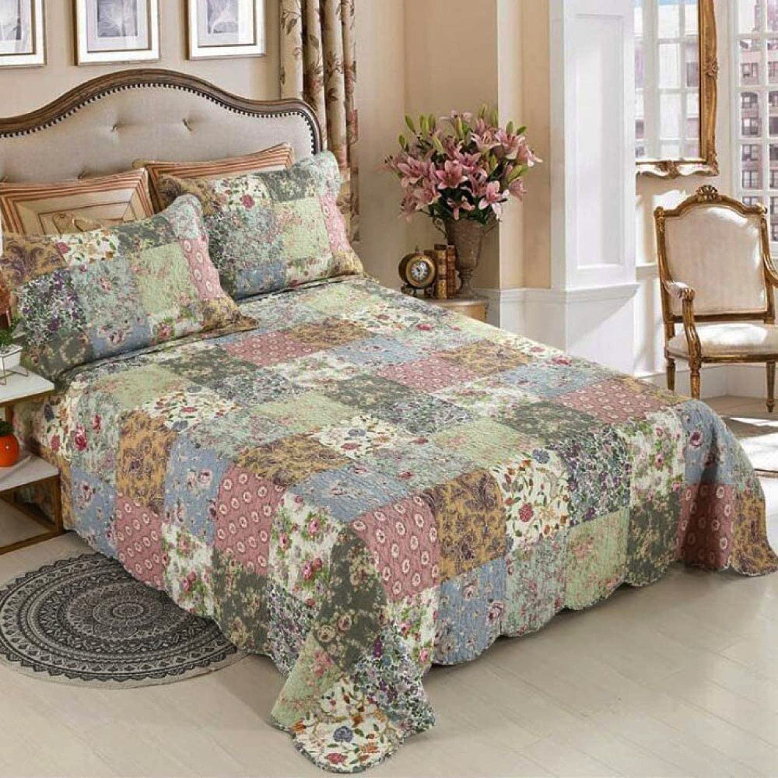 Amazon｜手作りパッチワークキルトベッドカバー綿100％スーパーキング