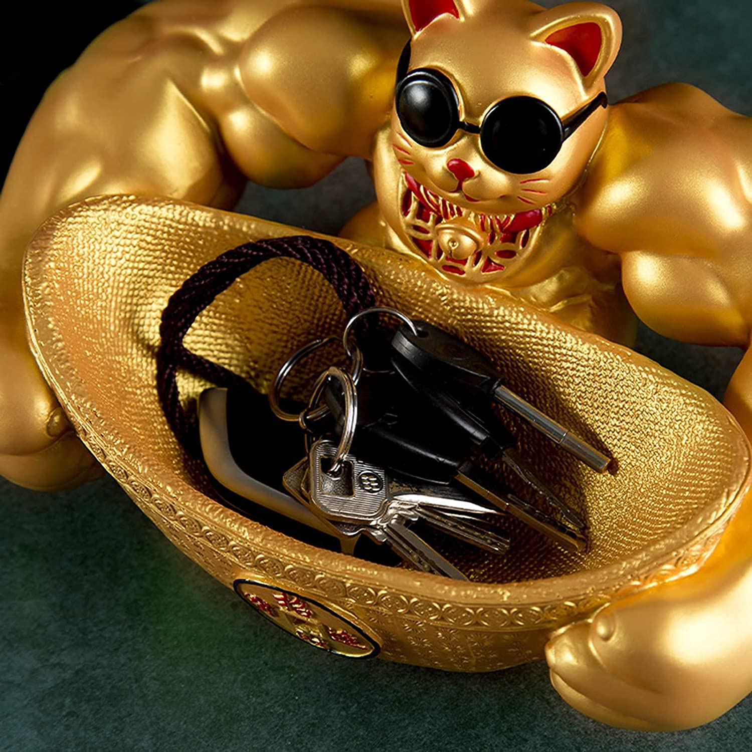 Amazon.co.jp: 幸運の猫 置物 筋肉の腕 猫像 富 幸運の像 風水