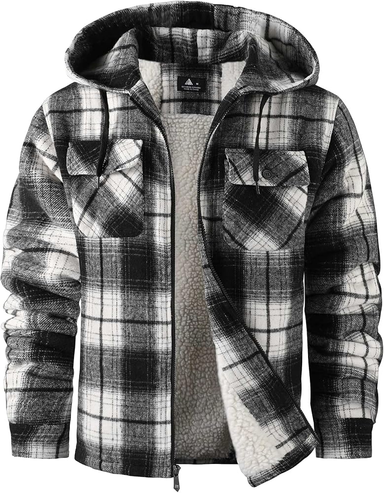 Amazon.com: ZITY Men's Flannel Hooded Jacket Fleece Sherpa Lined